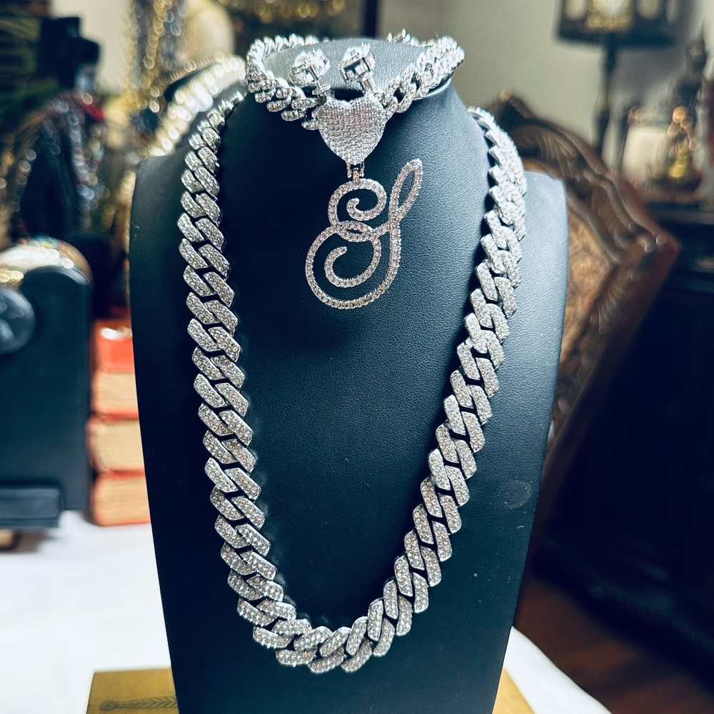Miami Or Monaco Style Iced Out Cuban Link Necklace W/ Bracelet & Stud Earrings